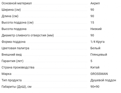 Душевой поддон GR-0090/2090/4090/5090/7090 (90*90*15) полукруг